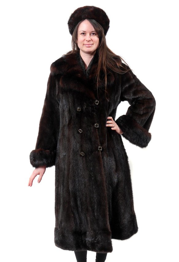 MINK AND SABLE FUR COAT: FULL LENGTH MINK AND SABLE COAT: Darkest brown full length coat with wide sable lapel and sable cuffs. Double breasted, vintage buttons. Measures approx. 47" collar to hem, 17" shoulder to shoulder an