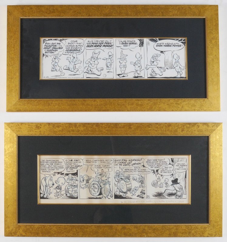 2 WALT KELLY POGO ORIGINAL CARTOON STRIP ART: KELLY, Walt, (American, 1913-1973): 2 original daily Pen & Ink comic strips to include 1) Strip dated 12-21-49 featuring Pogo and The Okenfenokee Glee & Pilau Society. Inscribed at the bottom "To be v