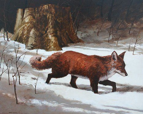 ROBERT REYNOLDS ORIGINAL FOX PAINTING: REYNOLDS, Robert, (American, 20th C): Red fox in winter landscape, O/Masonite, 24" x 30", signed lower left, encased in Mexican carved frame.