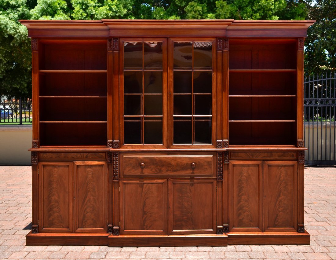 LG MAHOGANY SECTIONAL SECRETARY BOOKCASE: LARGE MAHOGANY SECTIONAL SECRETARY BOOKCASE: 3 sections, each with a top and base. Center section with 2 glass doors, 3 shelves over drop front secretary desk with internal drawers, pigeon holes with