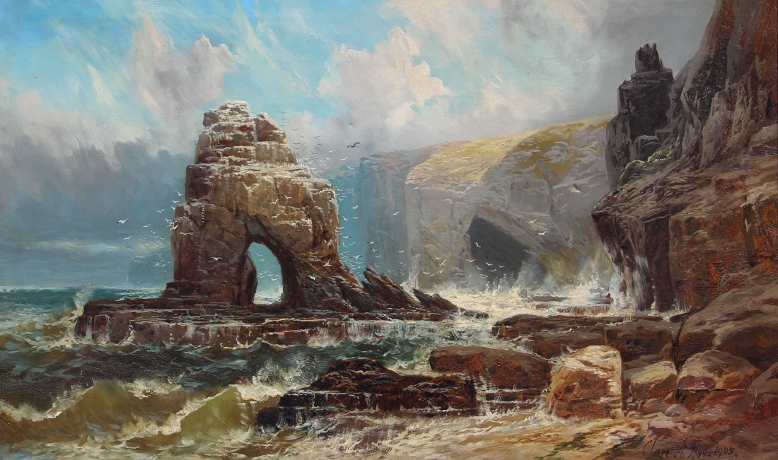 LARGE CLARENCE ROE ITALIAN GROTTO PAINTING: ROE, Clarence, (British, 1850-1909): Coastal Scene with Grotto Off Coast of Italy, Oil/Canvas, 30" x 50 1/4", signed lower right and dated 1905, encased in pierce carved and gilded frame, 39" x 59" x 