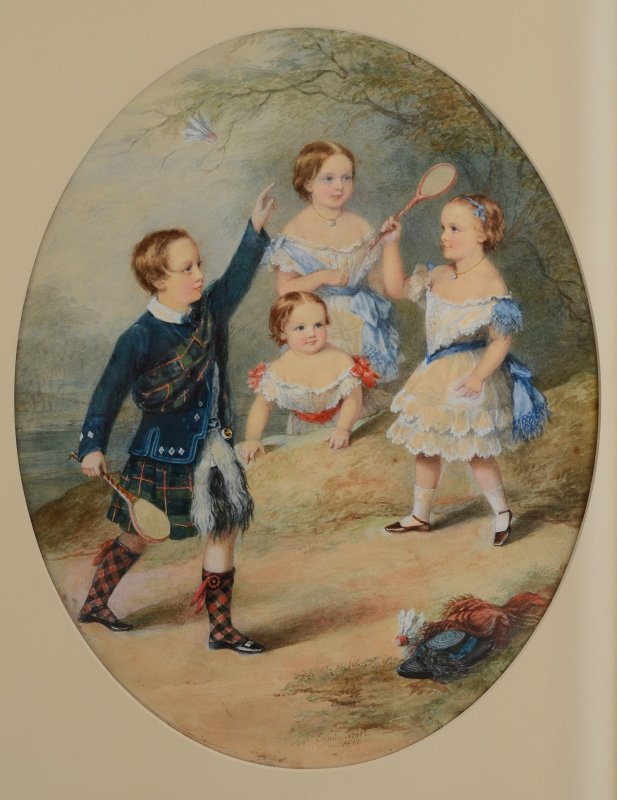 EMILY SCOTT PAINTING CHILDREN PLAYING BADMINTON 18: SCOTT, Emily, (American, 19th Century): Children Playing Badminton, Watercolor, oval size 18'' x 14'', signed in lower margin and dated 1860, period maple frame, 28 1/4'' x 23 1/4''.