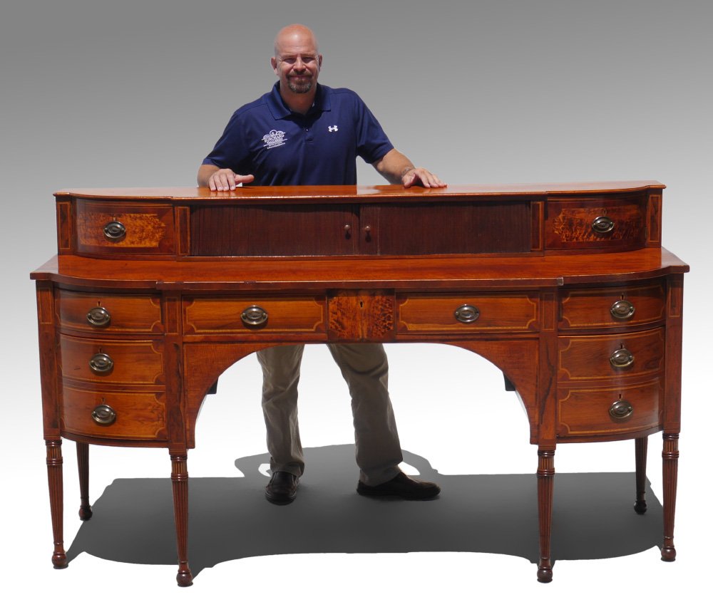 19TH CENTURY MAHOGANY TAMBOUR DOOR SIDEBOARD: 19TH CENTURY MAHOGANY TAMBOUR DOOR SIDEBOARD: Top storage with 2 tambour center doors, curved side doors with birds eye inlaid accents. Shaped top, central drawer over shaped valences, curved side dra