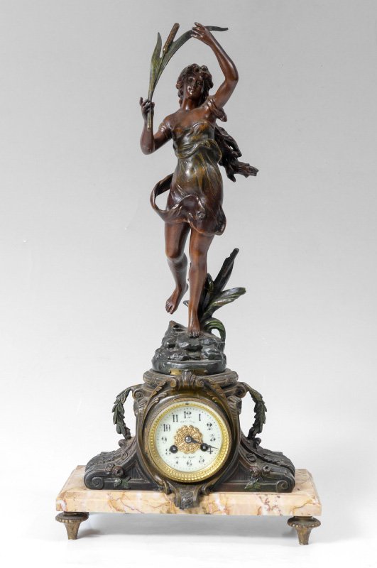 FRENCH NAIADE FIGURAL MANTLE CLOCK: FRENCH NAIADE FIGURAL MANTLE CLOCK: Top with patinated metal figure of "Naiade" after Kossowski, ornate cast case, porcelain dial marked "Beauple, Le Mans", on marble base with 4 feet. Vincenti Et Cie