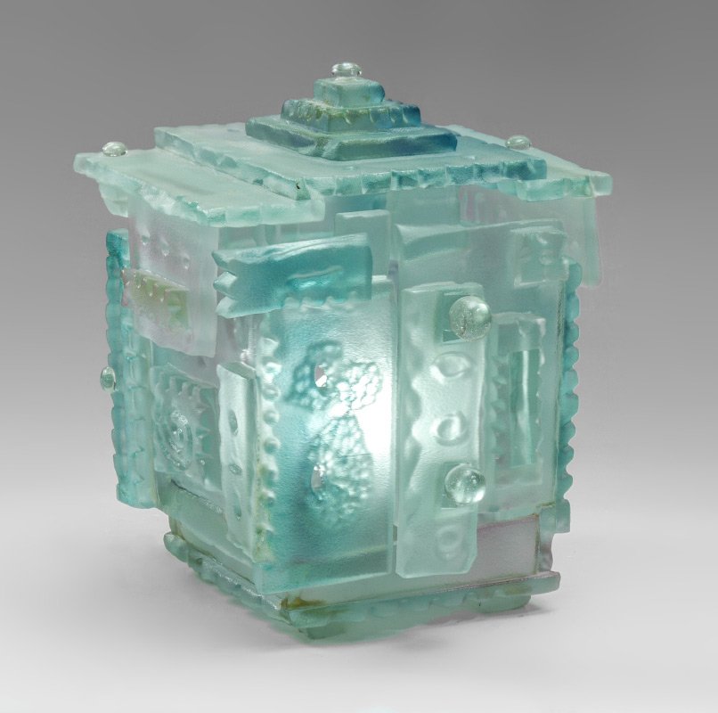 SUSAN PELISH ART GLASS LAMP: PELISH, Susan, (American, 20th Century): Welded frosted glass table lamp with hues of blue, green and pink. Single socket fixture. Overall 13'' h. x 11'' x 9 1/4''.