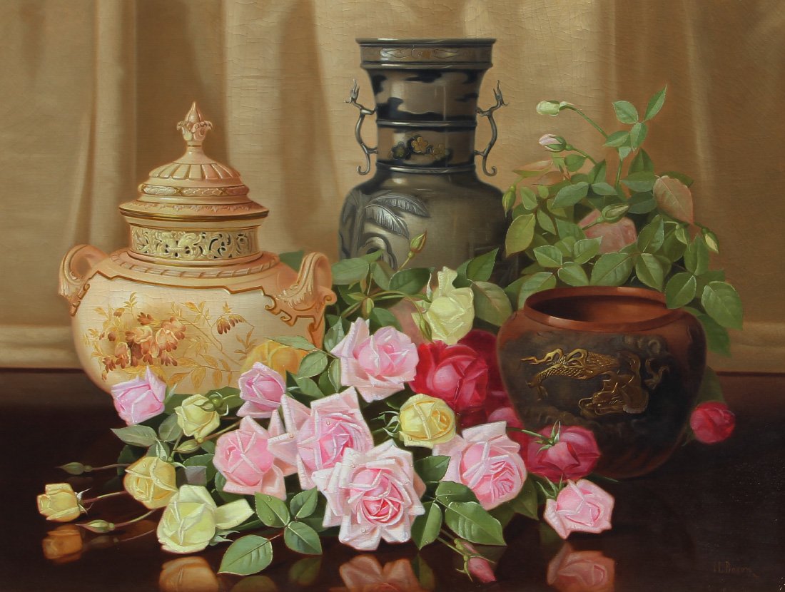 LARGE IRVING BACON STILL LIFE WITH ROSES PAINTING: BACON, IRVING LEWIS, (American, 1853-1910): Tabletop still life with roses, several vases to include an English porcelain lidded tureen, German stoneware vase, and an oriental motif flower pot, Oil/Ca