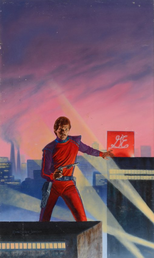 KEVIN EUGENE JOHNSON BOOK ILLUSTRATION: JOHNSON, Kevin Eugene, (American, 1954- ): Book Cover Illustration for "It Came from Schenectady" by Barry Longyear, Oil/Board, sight size 29 1/2" x 17 1/2", signed and dated '84 lower left, contempor