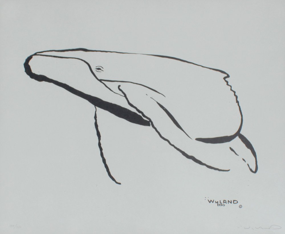 ROBERT WYLAND HUMPBACK WHALE LITHOGRAPH: WYLAND, Robert, (American, 1956- ): Humpback Whale, Lithograph, sight size 17 3/4" x 22 3/4", pencil signed lower right, numbered 155 of 750 lower left, black lacquer frame, 28" x 33".