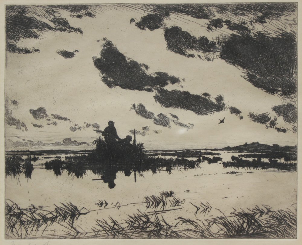 FRANK WESTON BENSON ETCHING "THE GUNNERS' BLIND": BENSON, Frank Weston, (American, 1862-1951): "The Gunners' Blind", Etching, sight size 8 1/2" x 10 1/4", pencil signed lower left, original label affixed verso, framed, 15" x 20".