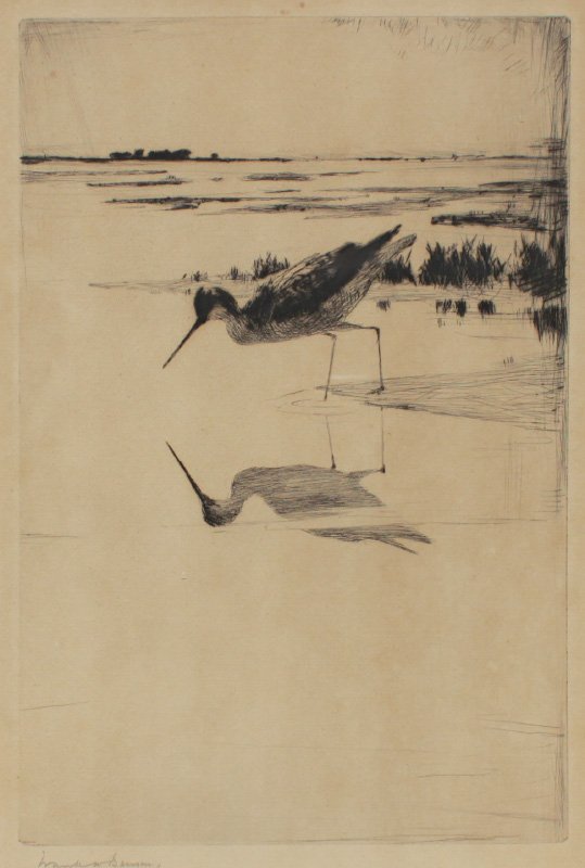 FRANK WESTON BENSON ETCHING "LONE YELLOW LEGS": BENSON, Frank Weston, (American, 1862-1951): "Lone Yellow Legs", Drypoint Etching, sight size 12 3/4" x 8 1/2", pencil signed lower left, original Kennedy label affixed verso, framed, 19 1/2" x 14 1/2