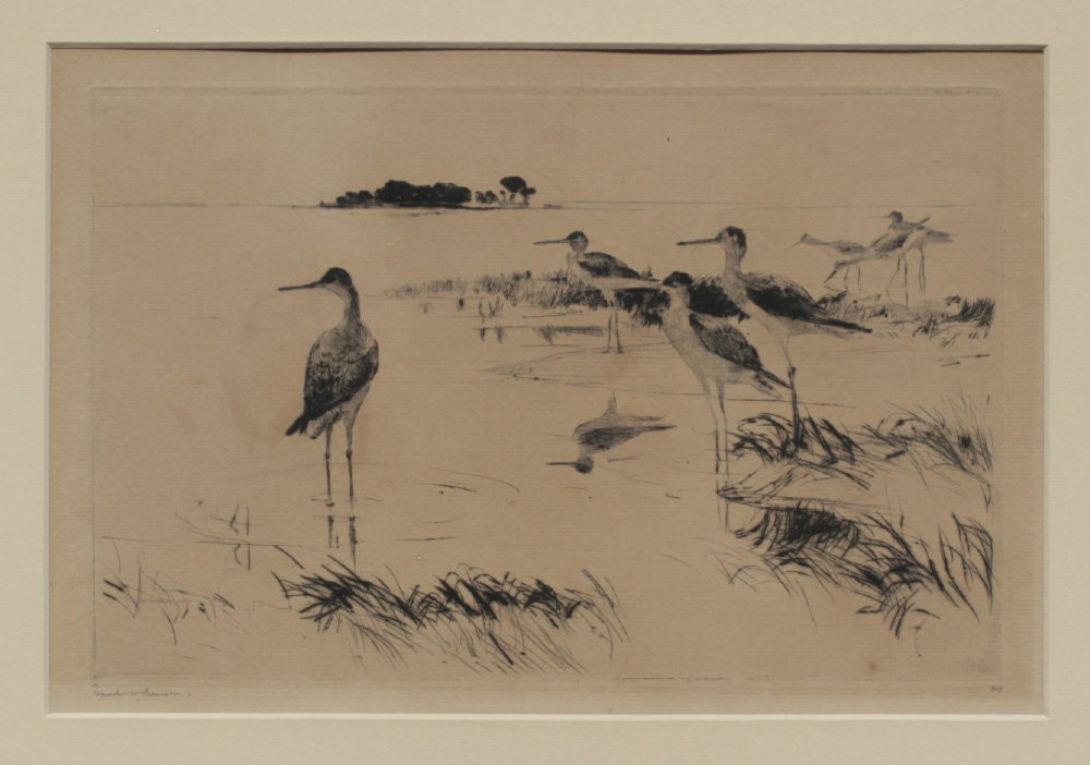 FRANK WESTON BENSON ETCHING "WINTER YELLOW LEGS": BENSON, Frank Weston, (American, 1862-1951): "Winter Yellow Legs", Etching, sight size 7 3/4" x 11 3/4", pencil signed lower left, marked 20 in the margin lower right, framed 15 x 19 1/2".