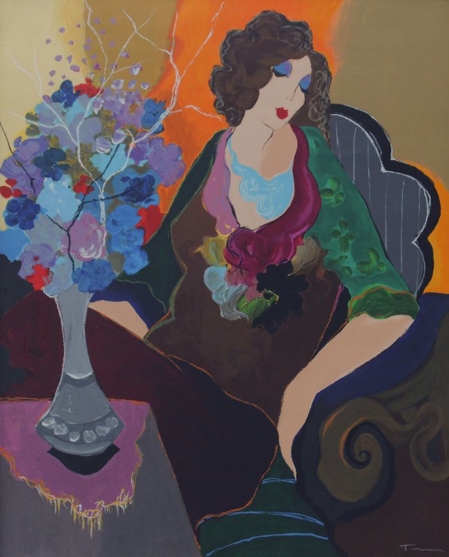 LARGE ITZCHAK TARKAY SERIGRAPH SEATED WOMAN: TARKAY, Itzchak, (Israeli, 1935- ): Seated Woman with Flowers, Serigraph, sight size 36" x 29", signed lower right, printer's proof, numbered 12 of 15, framed, 42" x 34 1/2".