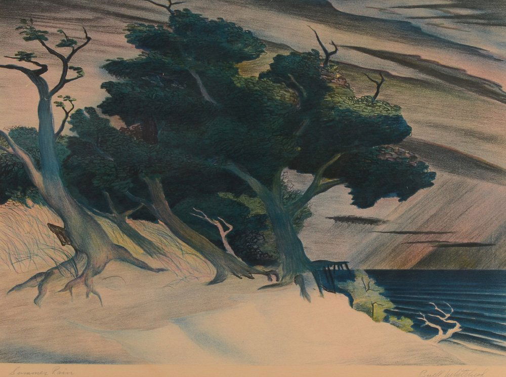 BUELL WHITEHEAD LITHOGRAPH ''SUMMER RAIN'': WHITEHEAD, Buell, (American 1919-1993): ''Summer Rain'', Color Lithograph, sight size 14 1/2'' x 19 1/2'', pencil signed lower right, titled lower left, contemporary frame, 24'' x 29''.