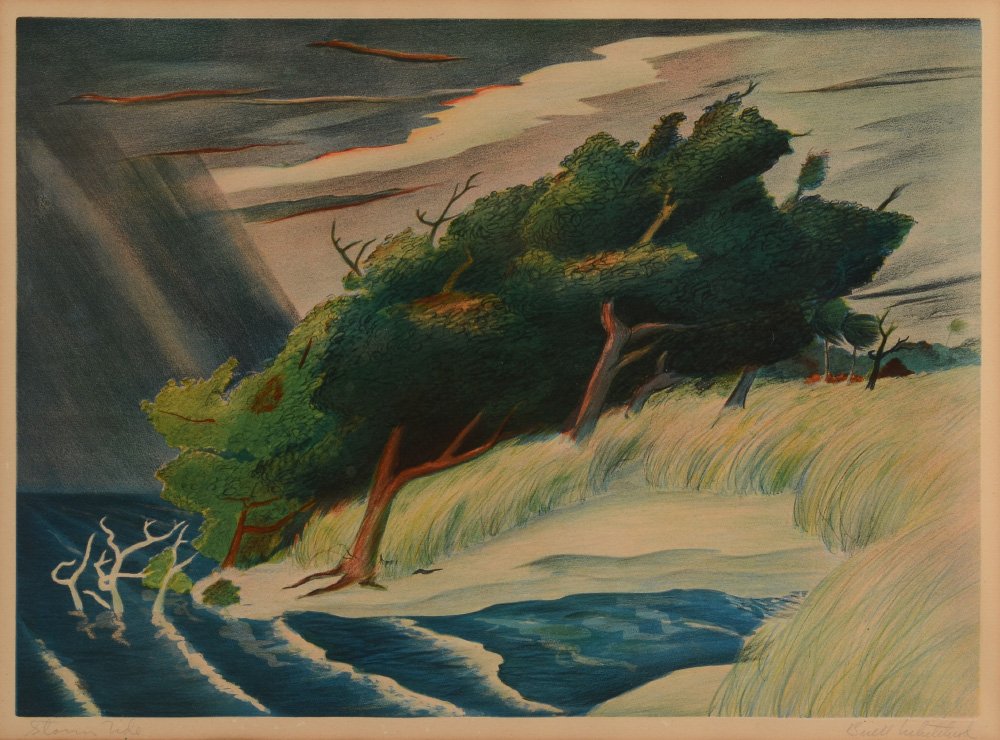 BUELL WHITEHEAD ''STORM TIDE'' LITHOGRAPH: WHITEHEAD, Buell, (American, 1919-1993): ''Storm Tide'', Lithograph, sight size 14 1/2'' x 19 3/4'', pencil signed lower right, titled lower left, framed 26 1/4'' x 30 1/4''.