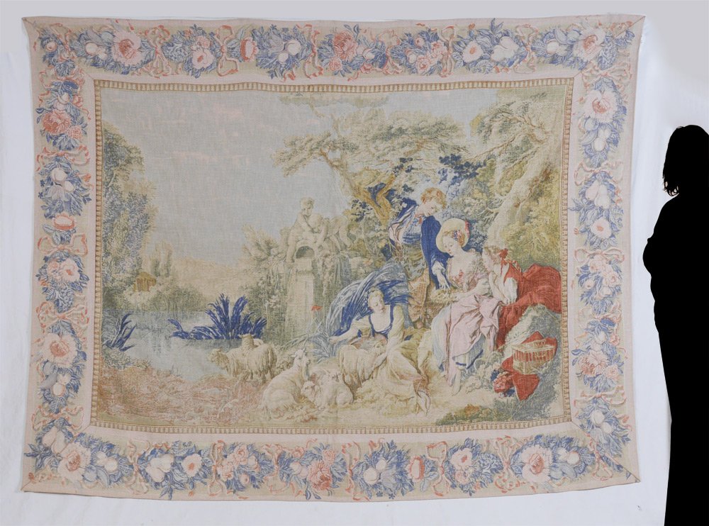 EDITIONS D'ART DE RAMBOVILLET TAPESTRY: EDITIONS D'ART DE RAMBOVILLET TAPESTRY: 20th C reproduction silkscreen tapestry depicting romantic scene. Measures approx. 8 ft. x 6 ft.