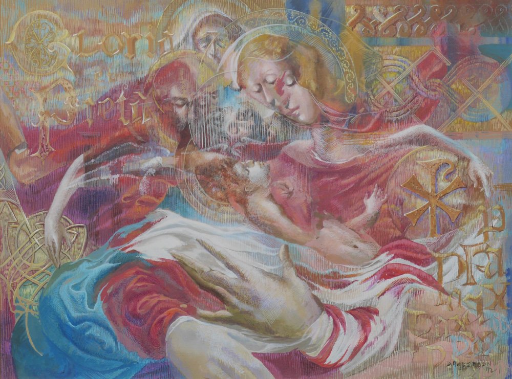 DAVID ANDERSON PAINTING "GLORIA PIETA": ANDERSON, David, (American, 1926-1996): "Gloria Pieta", Oil/Board, sight size 11 1/2" x 15 1/2", signed lower right and dated '72, framed, 17" x 21".
