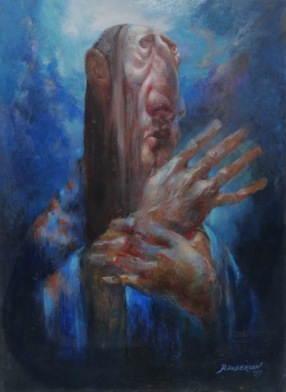 DAVID ANDERSON SURREAL FIGURE PAINTING: ANDERSON, David, (American, 1926-1996): Surreal Grotesque Figure, Oil/Board, sight size 23 1/2" x 17 1/2", signed lower right and dated '77, framed, 25" x 19".