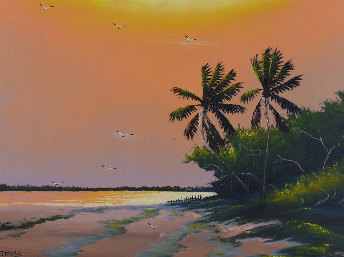 JOHNNY DANIELS FLORIDA HIGHWAYMEN PAINTING: DANIELS, Johnny, (American, 20th Century): Florida Highwaymen Sunrise Indian River Scene with Trees and Birds in Flight, Oil/Masonite, signed lower left, 18'' x 24'', moulding frame 21 1/4'' x 27 1/2'