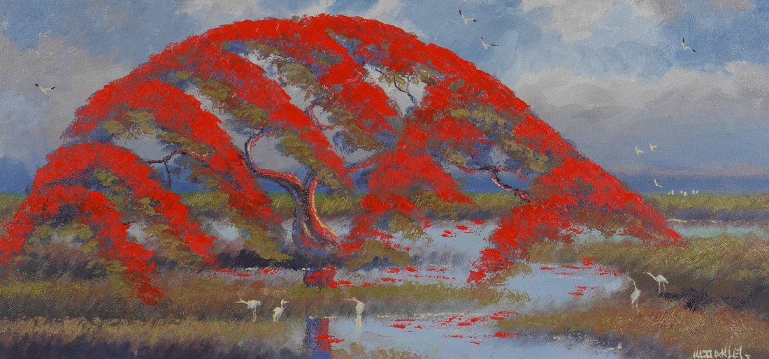 WILLIE DANIELS FLORIDA HIGHWAYMEN PAINTING: DANIELS, Willie, (American, 20th Century): Florida Highwaymen Royal Poinciana with Birds, Oil/Masonite, sight size 12" x 24", signed lower right, moulding frame 15 1/2" x 27 3/4".
