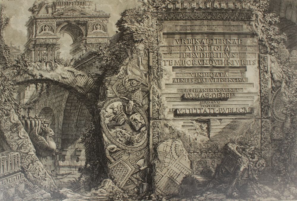 PIRANESI ANTICHITA ROMANE TITLE PAGE ENGRAVING: PIRANESI, Giovanni Battista, (Italian, 1720-1778): Engraved pictorial title page from his 4 volume set ''Antichita Romane'' originally published in the 1750's. From the 2005 St. Louis Steedman exhibit