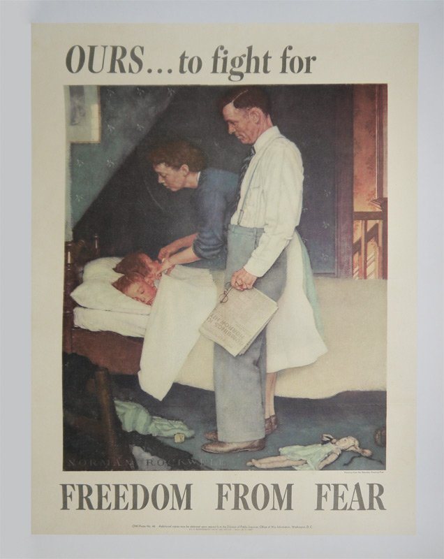 NORMAN ROCKWELL FREEDOM FROM FEAR WWII POSTER: NORMAN ROCKWELL FREEDOM FROM FEAR WWII POSTER: From the 4 Freedoms series, OWI poster number 46, 28'' x 20'', backed with linen, 31'' x 23 1/4''.
