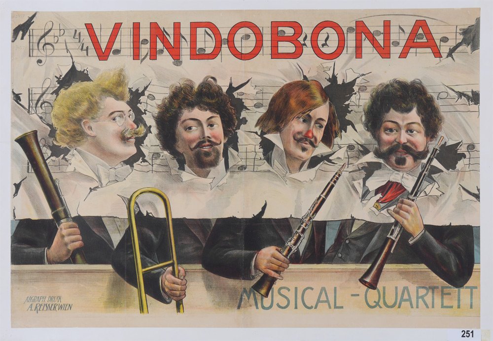 VINTAGE VINDOBONA QUARTET ADVERTISING POSTER: VINTAGE VINDOBONA QUARTET ADVERTISING POSTER: Features quartet with heads through sheet music, printed by A Reissner, Vienna, 25'' x 37 1/4'', backed with linen, 27 1/2'' x 39 1/2''.