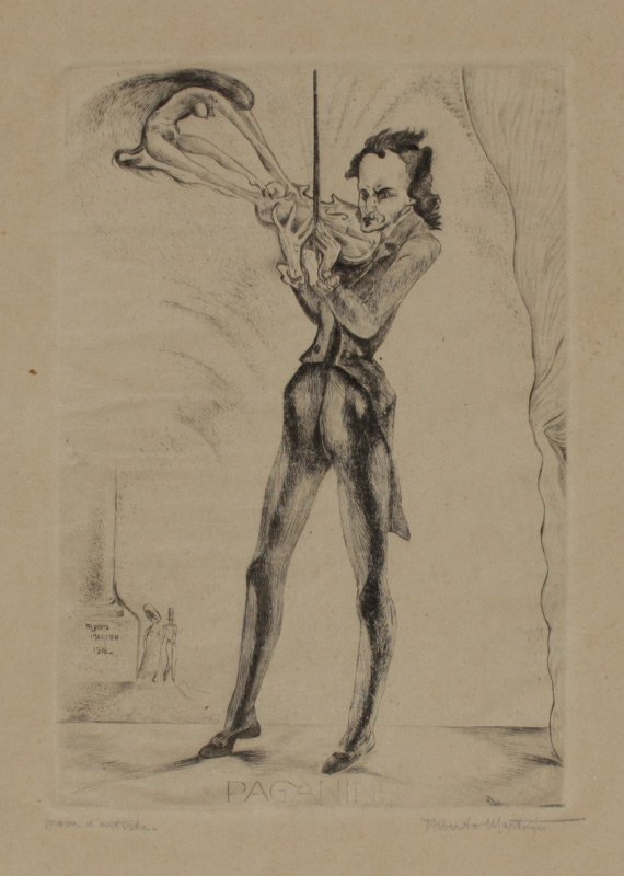 ALBERTO MARTINI ETCHING PAGANINI: MARTINI, Alberto, (Italian, 1876-1954): "Paganini", Artist Proof Etching, 13 1/2" x 9 3/4" with margins, pencil signed lower right, marked Artist Proof lower left, unframed.