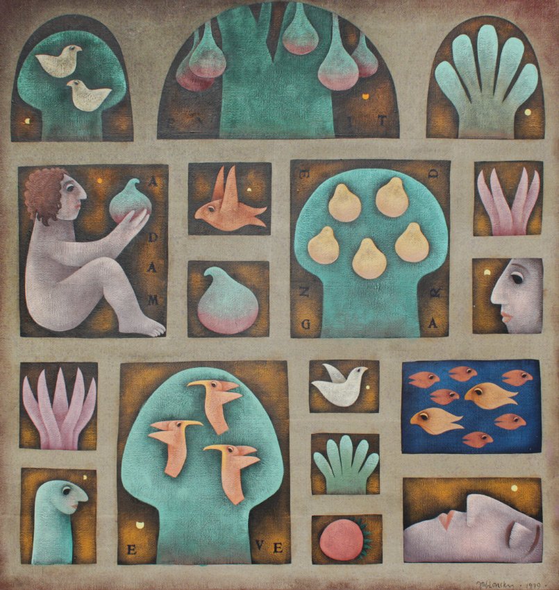 LARGE CAROL JABLONSKY WINDOWS INTO EDEN PAINTING: JABLONSKY, Carol, (American, 1939-1992): "Windows into Eden", Acrylic/Canvas, sight size 48" x 48", signed lower right and dated 1979, titled on the canvas verso, framed, 49" x 49".