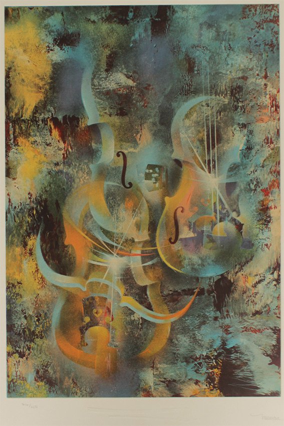 LEONARDO NIERMAN LITHOGRAPH RAVEL: NIERMAN, Leonardo (Mexican, 1932- ): "Ravel", Lithograph, sight size 29" x 21 1/4", pencil signed lower right, numbered 216 of 250 lower left, silver gilt frame, 33" x 25 1/4".