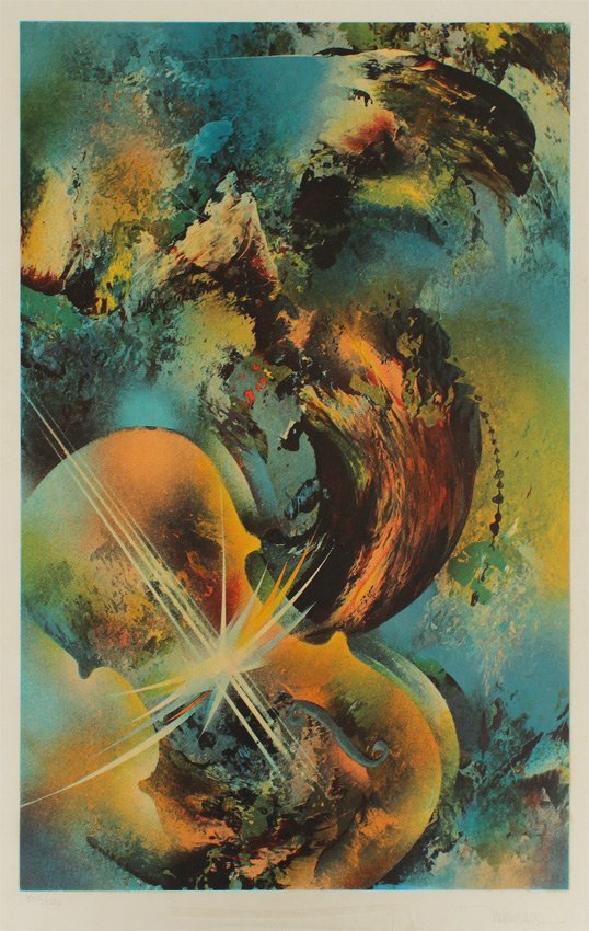LEONARDO NIERMAN MOZART LITHOGRAPH: NIERMAN, Leonardo (Mexican, 1932- ): "Mozart", Lithograph, sight size 29 1/4" x 21", pencil signed lower right, numbered 205 of 250 lower left, silver gilt frame, 33" x 25".