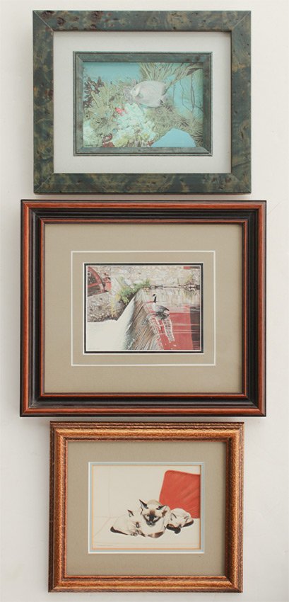 3 PAT LONGLEY MINIATURE PAINTINGS: LONGLEY, Pat, (American, 20th Century): 3 Miniature Paintings to include 1) Three Siamese Cats, Watercolor, sight size 3 1/8" x 4", pencil signed lower left, framed, 6 1/2" x 7 1/2"; 2) Goose and Wate