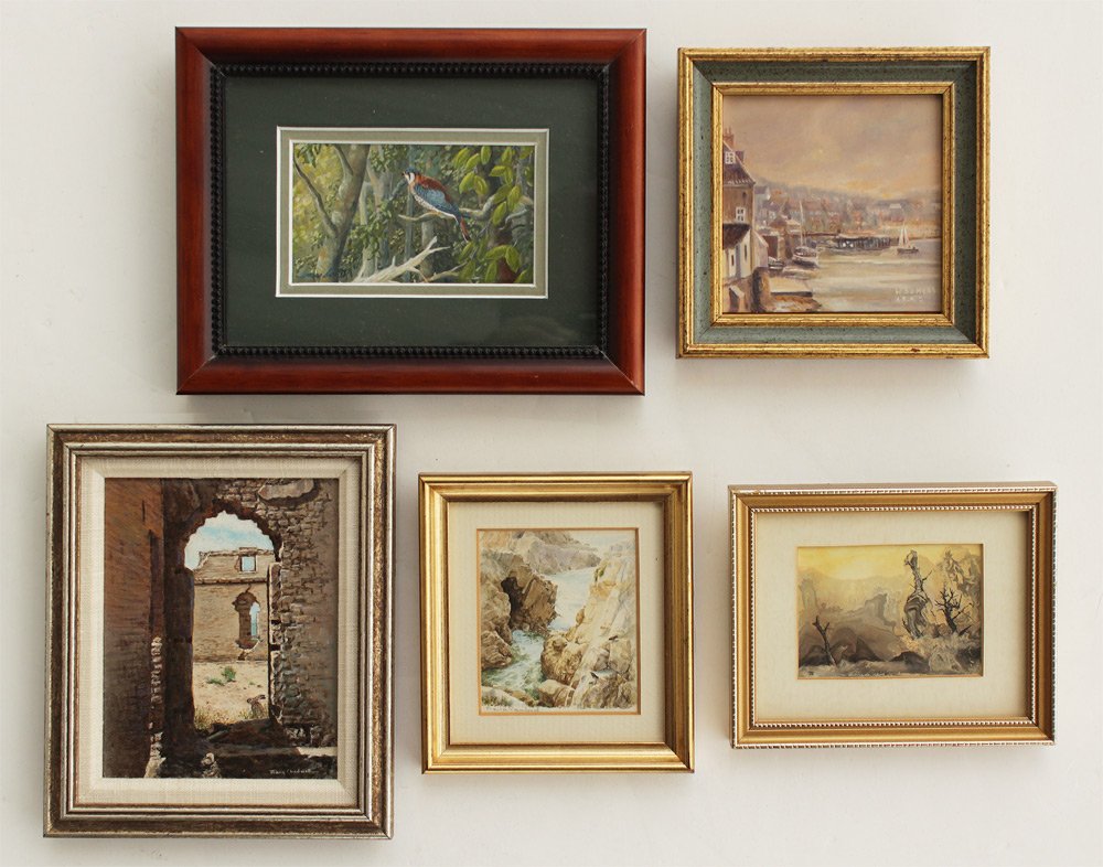 5 PC MINIATURE PAINTING LOT: 5 PC MINIATURE PAINTING LOT: To include 1) Mary Chadwell, Southwestern Ruins, Oil/Canvasboard, sight size 4 3/4" x 3 3/4", signed lower right, framed, 6 3/8" x 5 1/2"; 2) Terry Smith, "On Watch", Goua