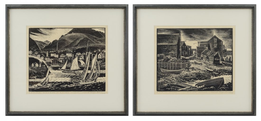 2 CARROLL THAYER BERRY PRINTS: BERRY, Carroll Thayer, (American, 1886-1978): 2 Woodblock Prints to include 1) "Camden Harbor", Woodblock Print, sight size 11" x 13", pencil signed lower right, titled in the margin, framed, 18" x 19