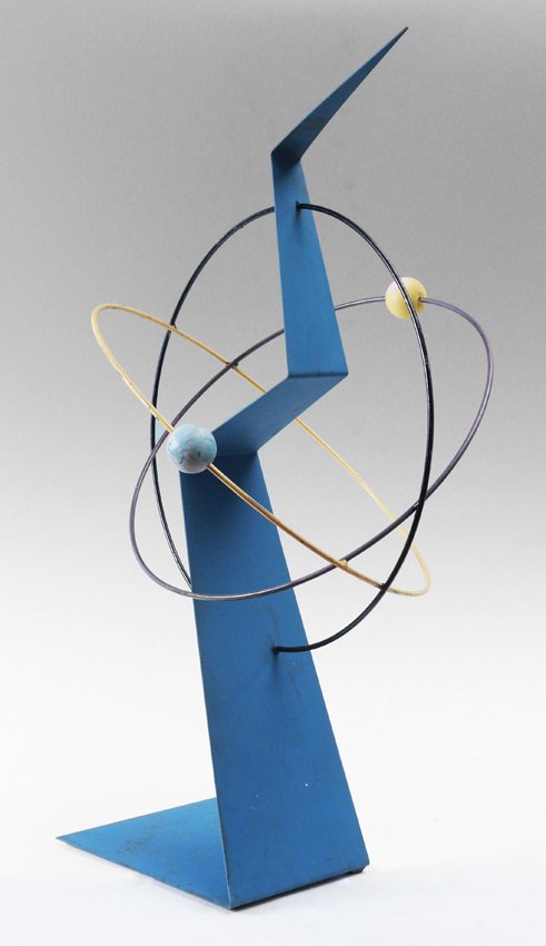 UNUSUAL CURTIS JERE ATOMIC AGE STYLE METAL SCULPTURE: UNUSUAL CURTIS JERE ATOMIC AGE STYLE METAL SCULPTURE: Welded and Painted Metal with Painted Wood, 37 1/4" h. x 21 1/2" d. x 19" w., signed.