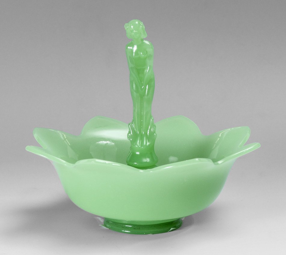 FENTON JADEITE NUDE FIGURAL FLOWER FROG & BOWL: FENTON NUDE FIGURAL FLOWER FROG AND BOWL: Jadeite green "September Morn" nude nymph, 6" tall. Three pieces include the figure, the base and the scalloped bowl, 8.5" dia.