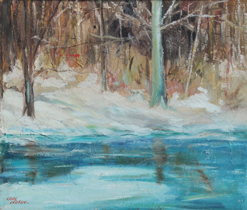 KARL LARSEN TWO SIDED PAINTING: LARSEN, Karl, (Danish, 1897-1977): Wintry Stream and Autumnal Scene by the River, Oil/Board, sight size 20" x 24", signed lower left, framed, 26" x 30".