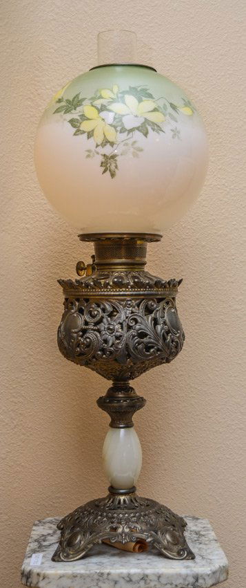 GONE WITH THE WIND LAMP: GONE WITH THE WIND LAMP: Electrified, reticulated cast metal base with alabaster accents, single socket, clear chimney. Shade graduates from green to white with applied transfer floral design. Base 18