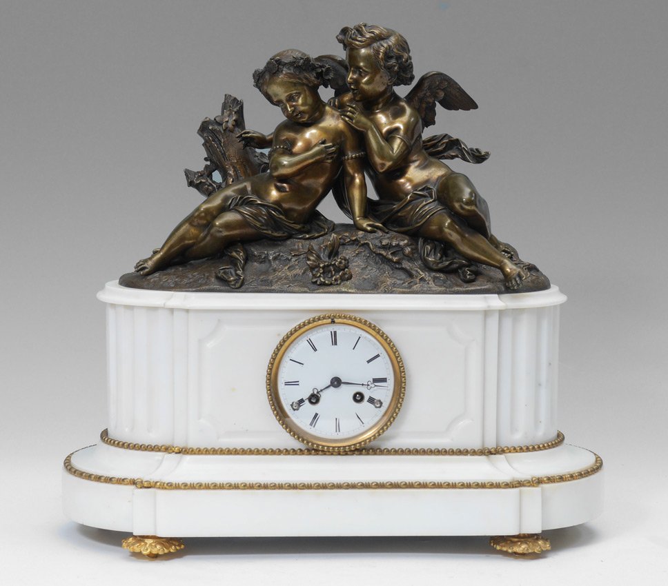 FRENCH BRONZE & MARBLE FIGURAL CHERUB CLOCK (1 of 6)