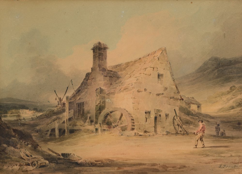 SAMUEL PROUT PAINTING ''FORGE NEAR DOLGELLY'': PROUT, Samuel, (British, 1783-1852): Watercolor, 7 1/8'' x 10 5/8'', signed lower right, titled verso Forge Near Dolgelly, Merionethshire, carved and gilded frame, 20 1/2'' x 25''.