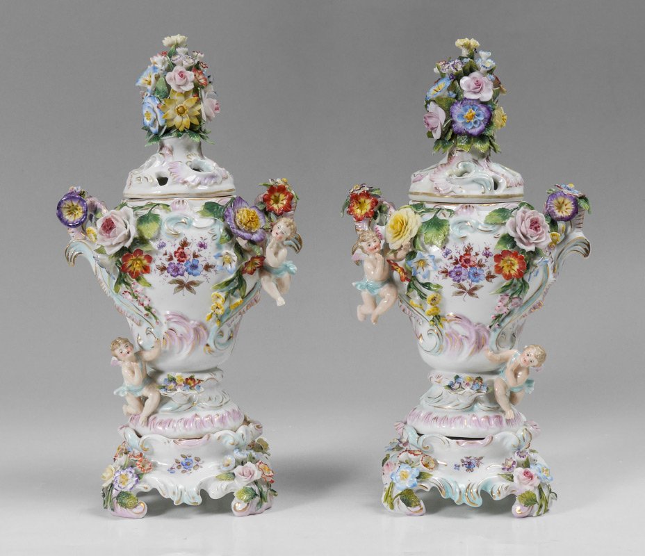 PAIR DRESDEN STYLE COVERED URNS (1 of 6)
