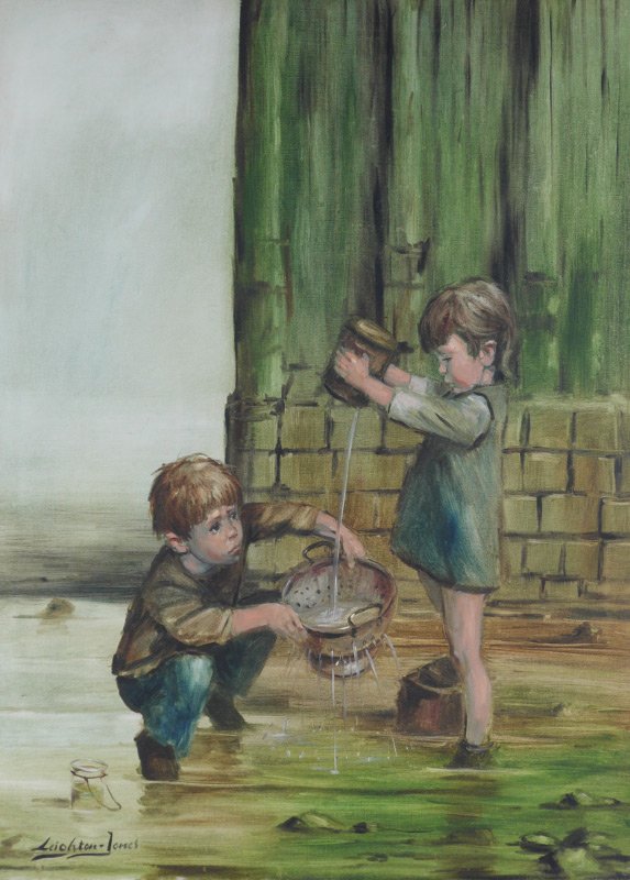 BARRY LEIGHTON-JONES ''CATCHING TADPOLES'' PAINTING: LEIGHTON-JONES, Barry, (British, 1932- ): ''Catching Tadpoles'', Oil/Canvas, sight size 40'' x 30'', signed lower left, framed, 44 1/2'' x 34 1/4''.
