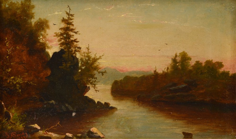 SIGNED AMERICAN SCHOOL SUNSET LAKESIDE PAINTING (1 of 4)