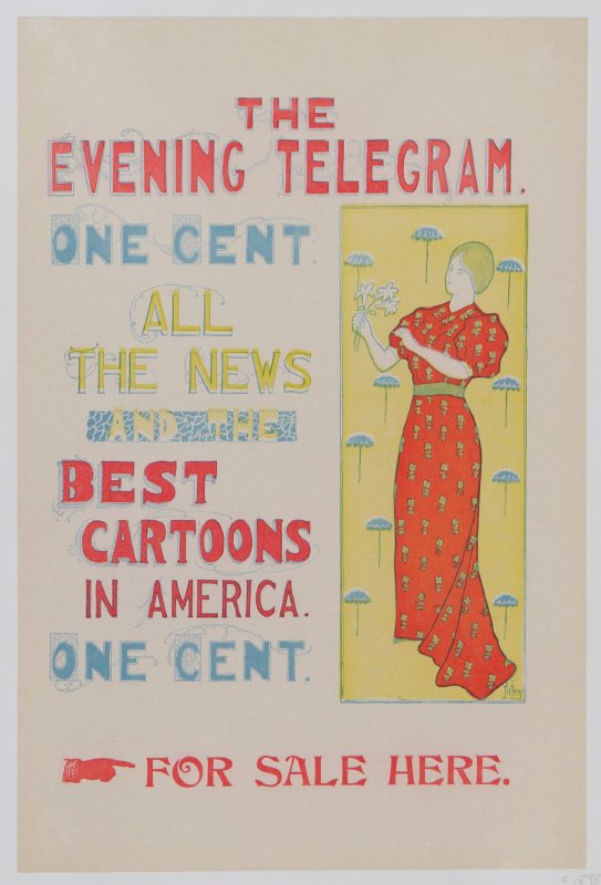 1898 THORP THE EVENING TELEGRAPH POSTER: 1898 ADVERTISING POSTER FOR ''THE EVENING TELEGRAM'': Lithograph, signed in image JW Thorp., 18'' x 12'', backed on linen, 21 1/2'' x 15 1/2''.