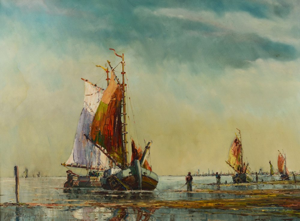 ILLEGIBLY SIGNED HARBOR PAINTING AT LOW TIDE (1 of 4)