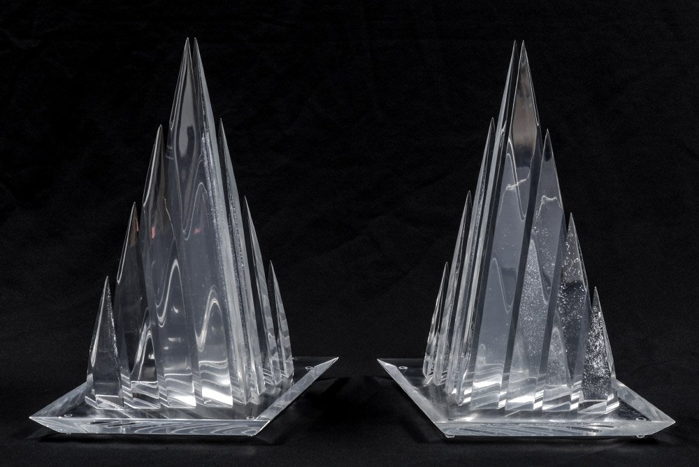 PAIR HIVO VAN TEAL LUCITE SCULPTURES: PAIR HIVO VAN TEAL LUCITE SCULPTURES: Pyramid form with series of graduating sections on rhombus base. Both signed Van Teal, 18 3/4" h. x 17 1/2" x 12 1/2".