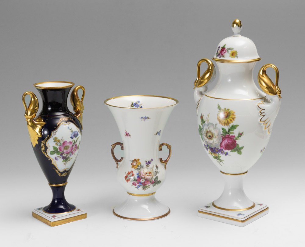 KAISER & EDELSTEIN CONTINENTAL PORCELAINS: 3 PIECE GERMAN PORCELAIN VASES: 3 pieces total to include 1) Kaiser double stylized swan handle vase, cobalt ground, floral decoration in medallion. Marked on base, 11 1/4" h. x 6". 2) Kaiser double s
