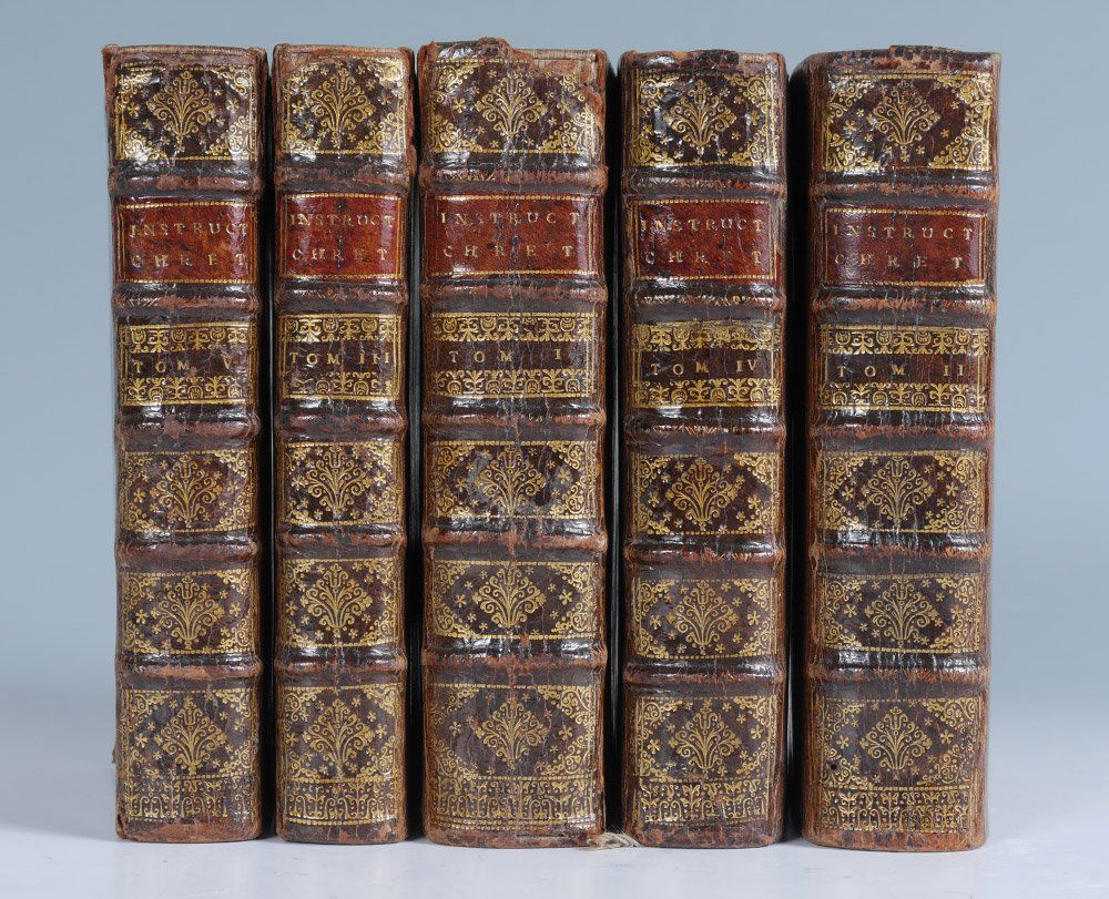 5 VOLUME 1692 INSTRUCTIONS CHRESTIENNES BOOKS: 5 VOLUME 1692 INSTRUCTIONS CHRESTIENNES LEATHER BOUND BOOKS: 5 volume set ''Instructions Chrestiennes Sur Les Mysteres de N. Seigneur Jesus-Christ, et Sur Les Principales Festus de Le'annee'', Paris,