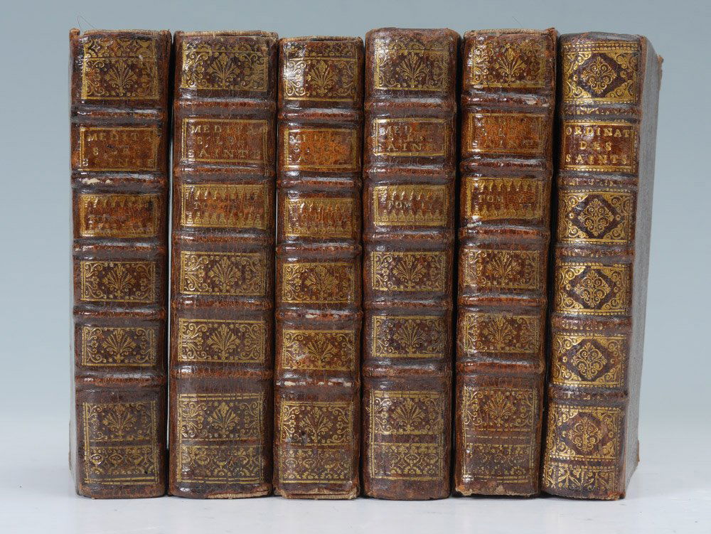 5 VOLUME 1724 FRENCH CHRISTION MEDITATIONS BOOKS: 5 VOLUME 1724 FRENCH CHRISTION MEDITATIONS LEATHER BOUND BOOKS: 6 books total to include 1-5) ''Meditations Su Des Passages Choisis de L'Ecriture Sainte Pour Tous Les Jours de L'Annee'', 1724, Paris,
