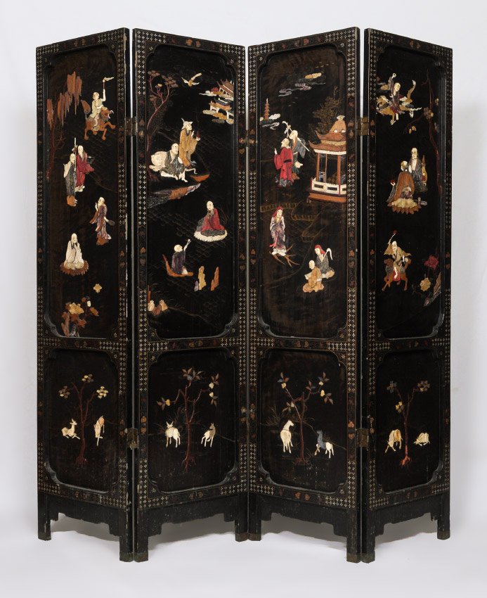 EARLY CHINESE 4 PANEL COROMANDEL SCREEN: EARLY CHINESE 4 PANEL COROMANDEL SCREEN: Black lacquer, one side of each panel paint decorated with inlaid bone, stone, mother of pearl outdoor genre scenes featuring figures, trees, flowers, animals,