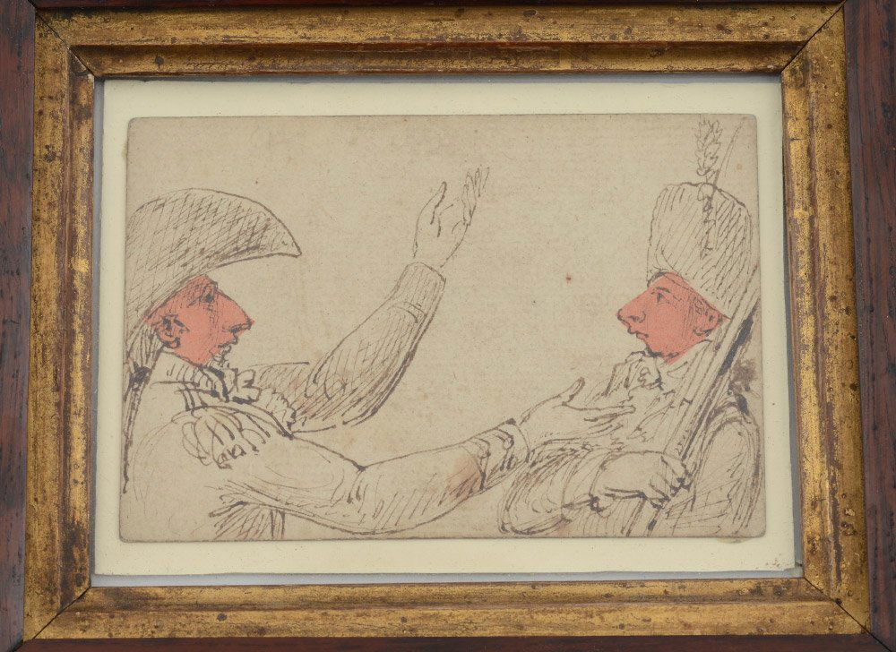 19TH CENTURY GERMAN CARTOON WITH SOLDIERS: 19TH CENTURY GERMAN CARTOON WITH SOLDIERS: Pen/Ink/Watercolor, sight size 2 1/2" x 3 5/8", framed, 6" x 7", Charles Plante stamp verso with older paper label affixed to wood board.